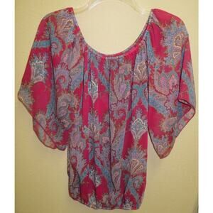 Trac Dark Pink Blue Paisley Sheer Blouse Top